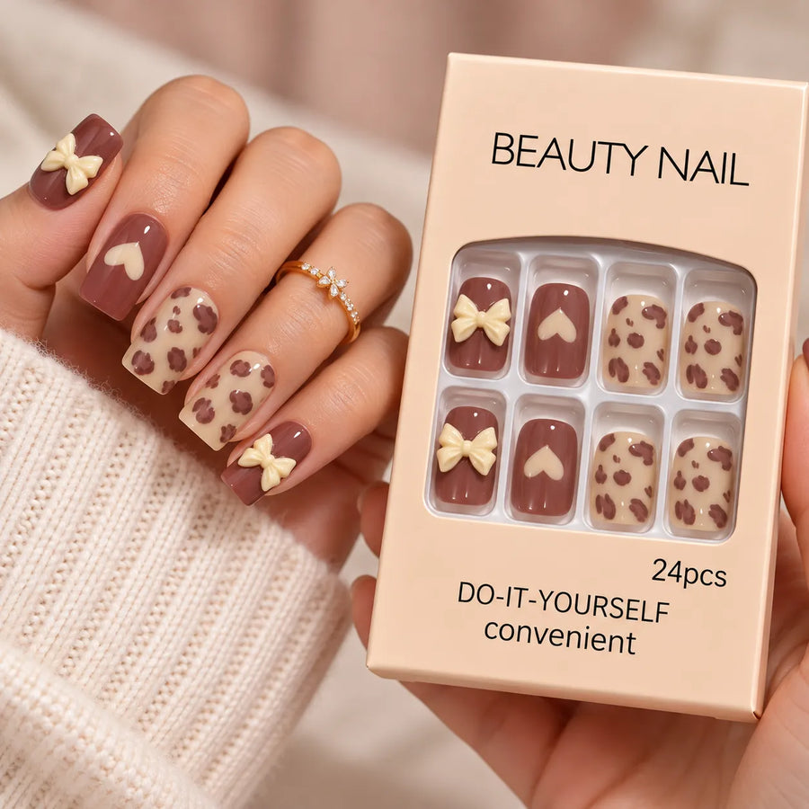 24 Pcs Brown Leopard Print Press-On Nails – 3D Bow & Heart Design