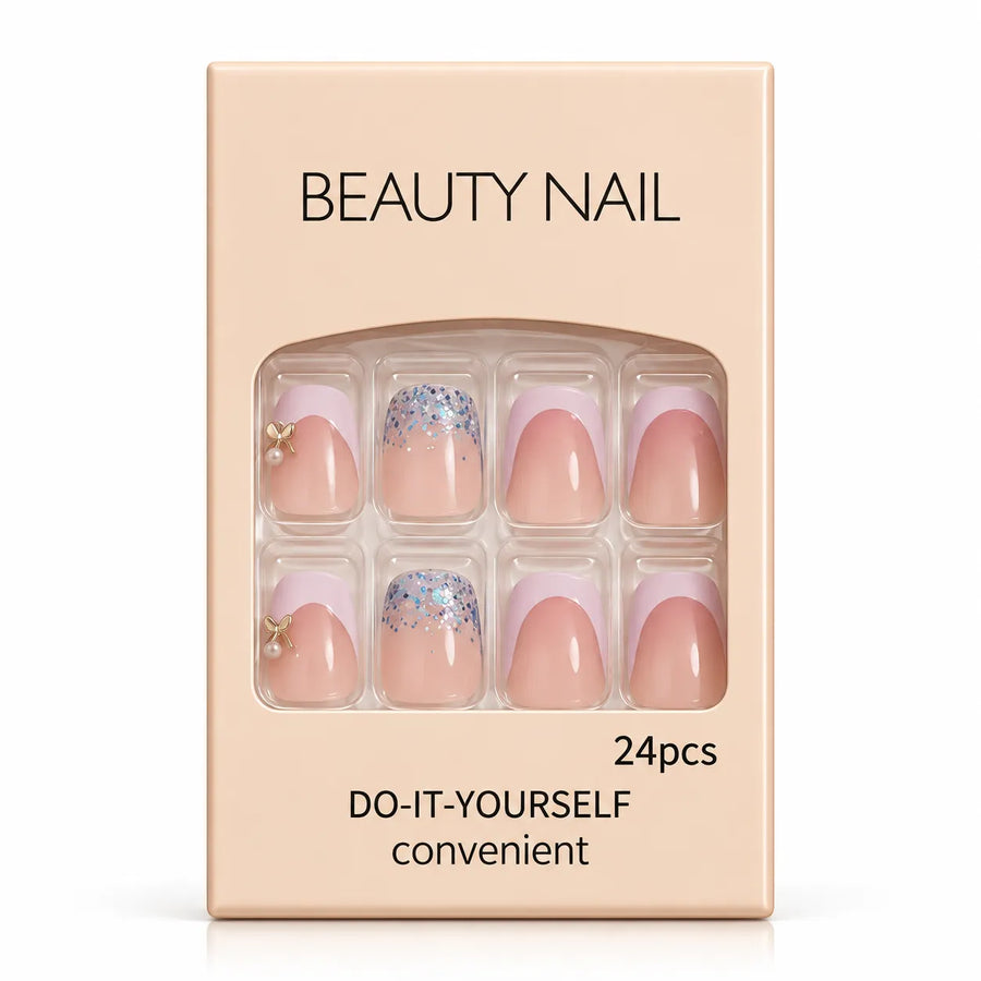 24 Pcs Pastel Pink Glitter French Tip Press-On Nails – Elegant Bow Nail Art Set
