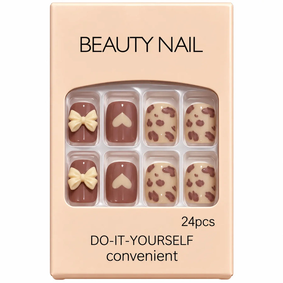 24 Pcs Brown Leopard Print Press-On Nails – 3D Bow & Heart Design
