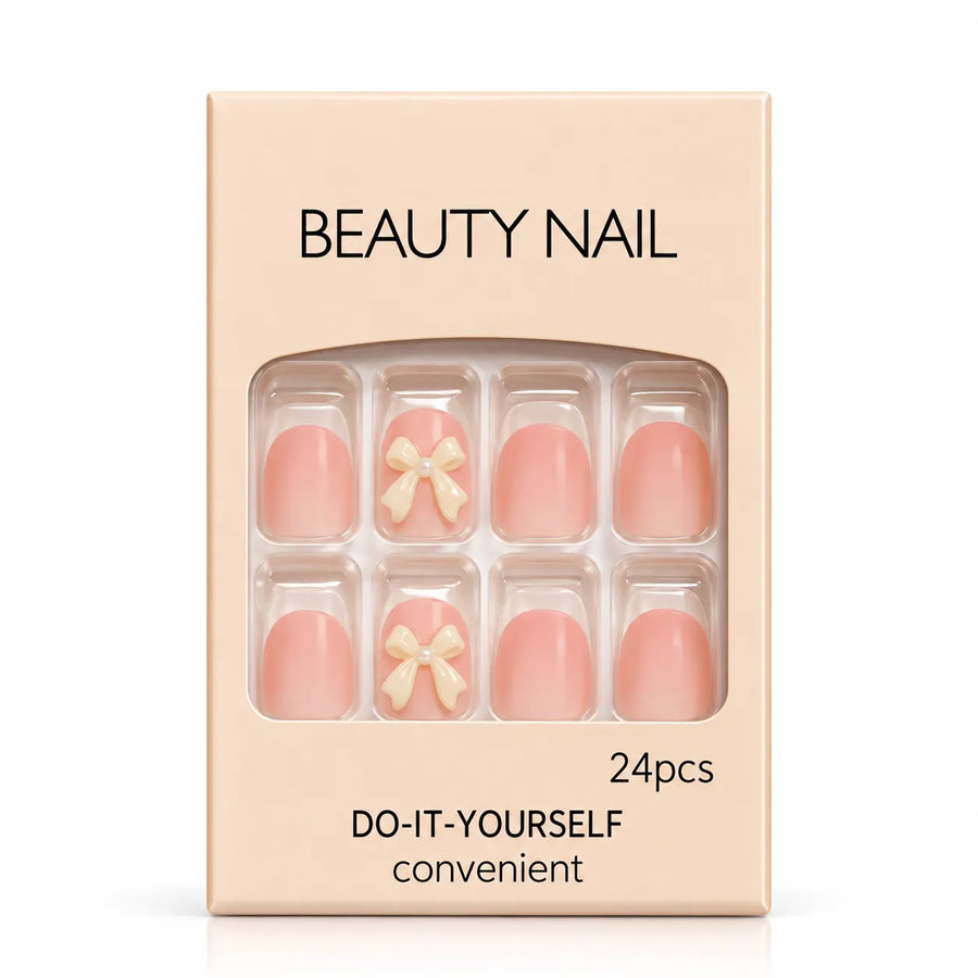 24 Pcs Peach Pink Bow Press-On Nails – Cute Glossy Nail Art Set  Product Description