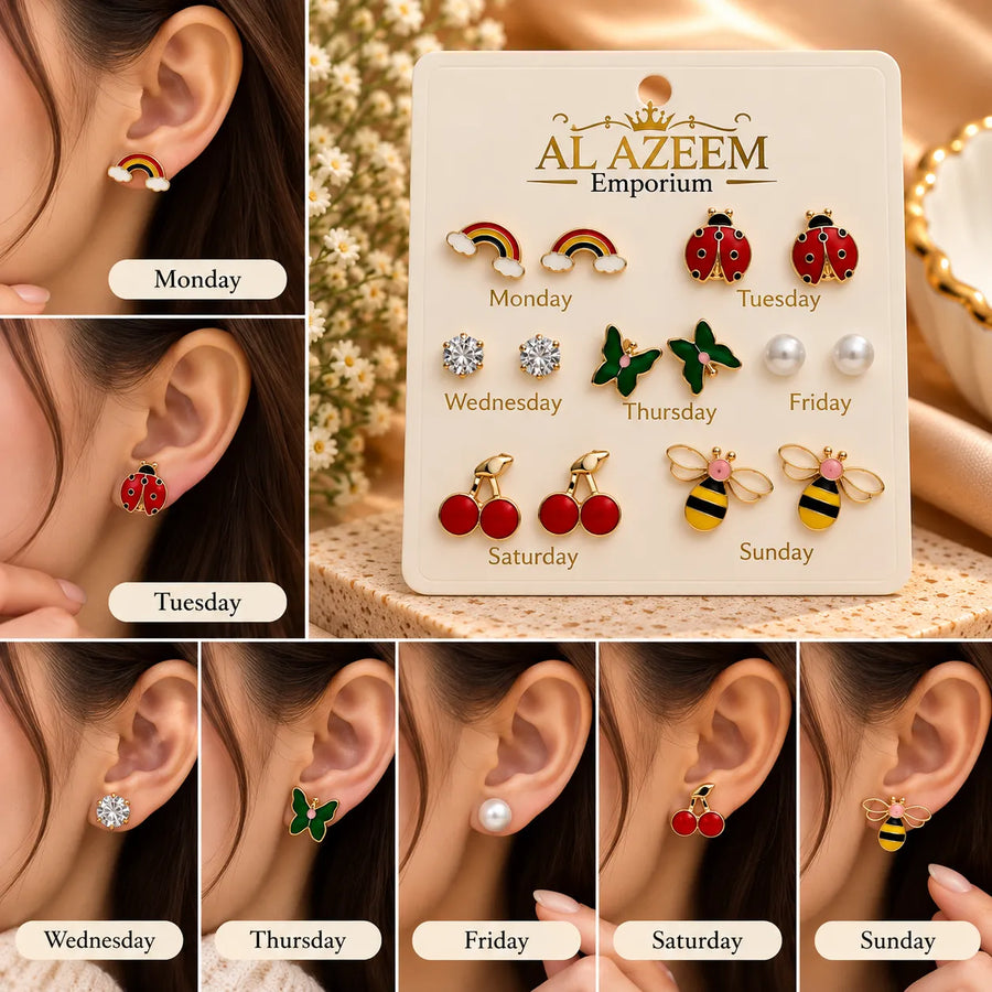 7 Days Cute Cartoon Stud Earrings Set for Girls – 7 Pairs  Ladybug Earrings