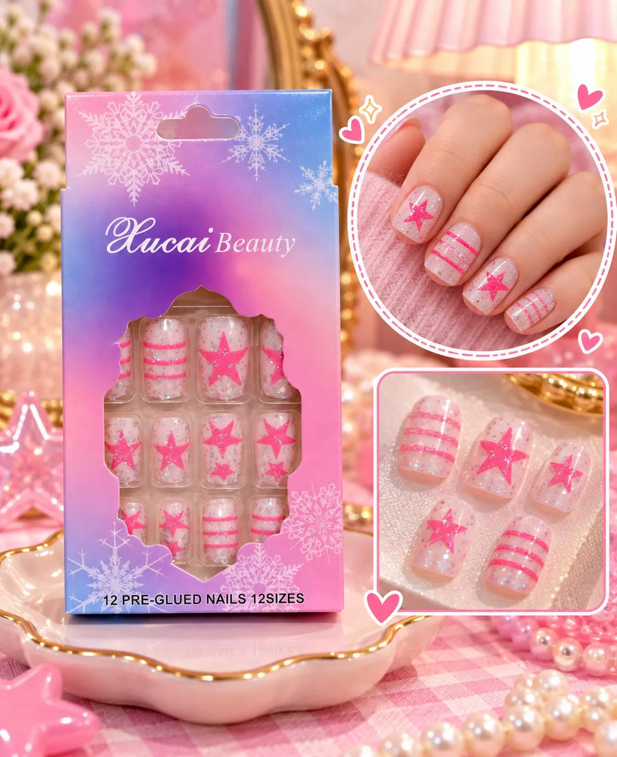 Blue Star Glitter Press-On Nails – 12 Pcs Fashion Nails  Pre Glued Nails