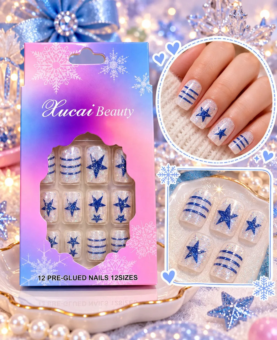 Blue Star Glitter Press-On Nails – 12 Pcs Fashion Nails  Pre Glued Nails