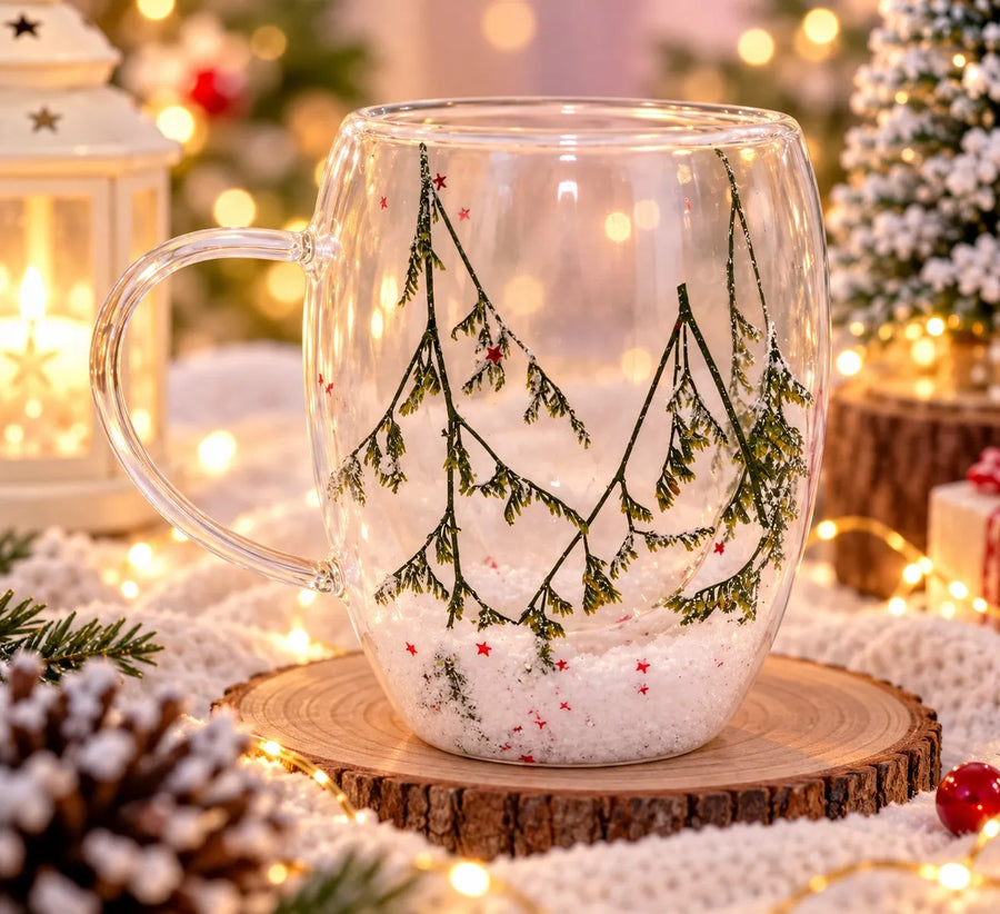 Christmas Tree Glass Mug – Winter Wonderland Design Transparent Glass Cup