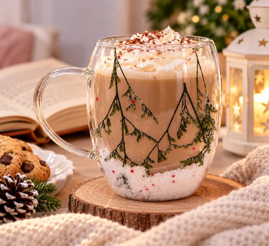 Christmas Tree Glass Mug – Winter Wonderland Design Transparent Glass Cup